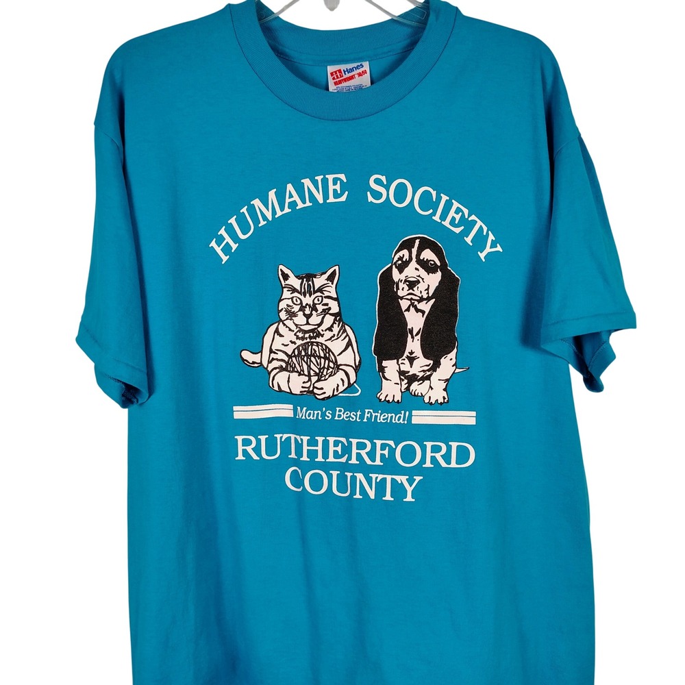 Vintage Hanes 50/50 XL Humane Society Graphic Tee Teal Blue Retro single stitch